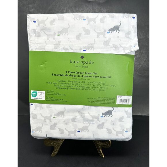 KATE SPADE CATS Cotton QUEEN 4 Piece Sheet Set NEW Grey Gray Kittens Kitties - Picture 2 of 7
